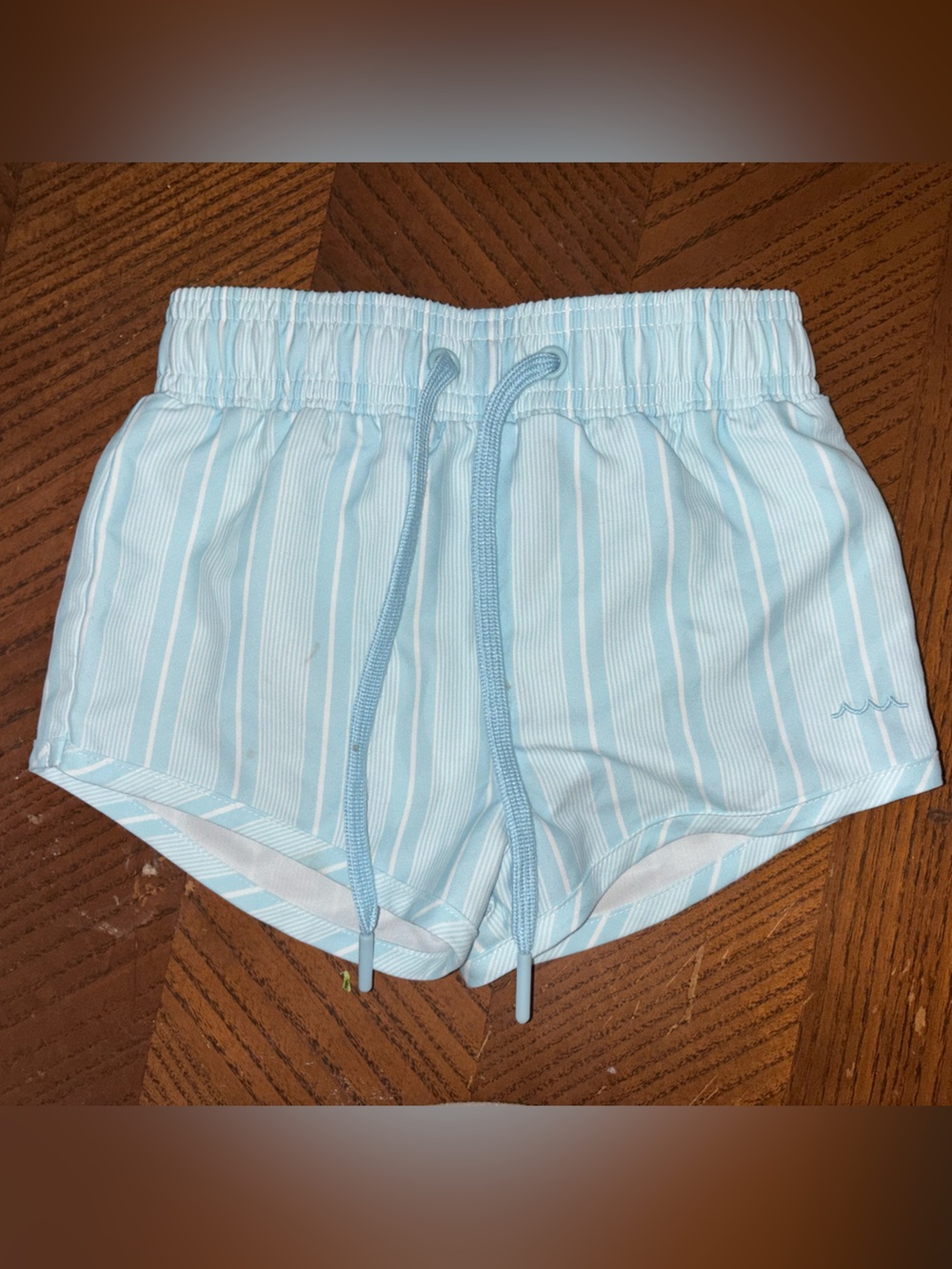 Kids Light Blue Striped Swim Trunks with Adjustable Drawstring